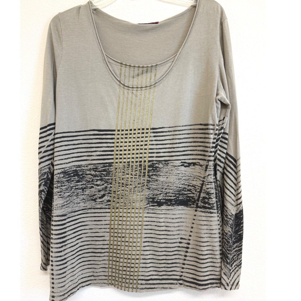 Barbara Lesser Womens Long Sleeve Top Taupe Gold Metallic Stripe 2406MX Medium